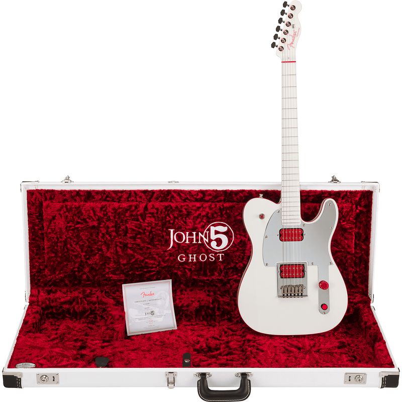 Foto van Fender usa john 5 ghost telecaster mn arctic white elektrische gitaar met koffer en certificaat van echtheid