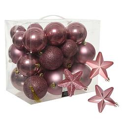 Foto van Pakket 32x stuks kunststof kerstballen en sterren ornamenten oud roze - kerstbal