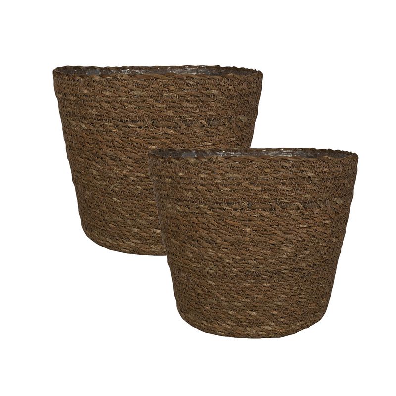 Foto van Set van 2x stuks plantenpot/bloempot van jute/zeegras diameter 18 cm en hoogte 16 cm camel bruin - plantenpotten