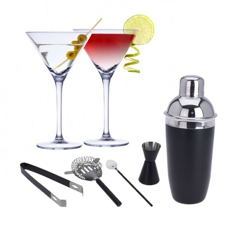 Foto van Set van 4x martini cocktailglazen met zwarte 5-delige cocktailshaker set rvs - cocktailglazen