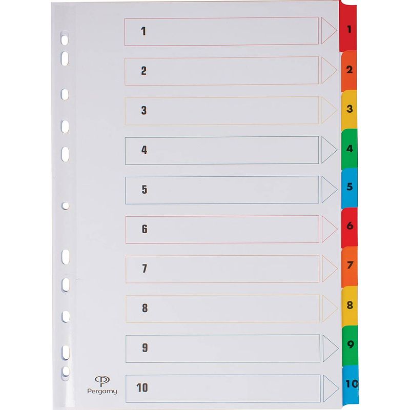 Foto van Pergamy tabbladen met indexblad, ft a4, 11-gaatsperforatie, geassorteerde kleuren, set 1-10 25 stuks