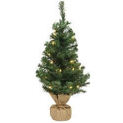 Foto van Volle kleine/mini kerstbomen groen in jute zak met verlichting 75 cm - kunst kerstbomen / kunstbomen