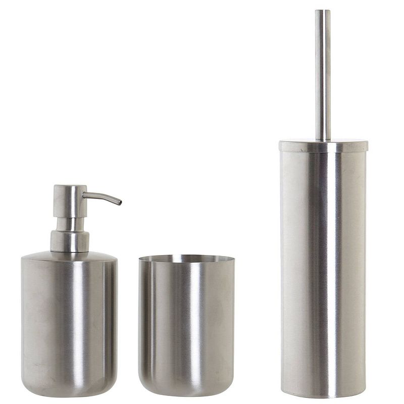 Foto van Toiletborstel houder zilver 39cm met zeeppompje 400 ml en beker metaal - toiletborstels