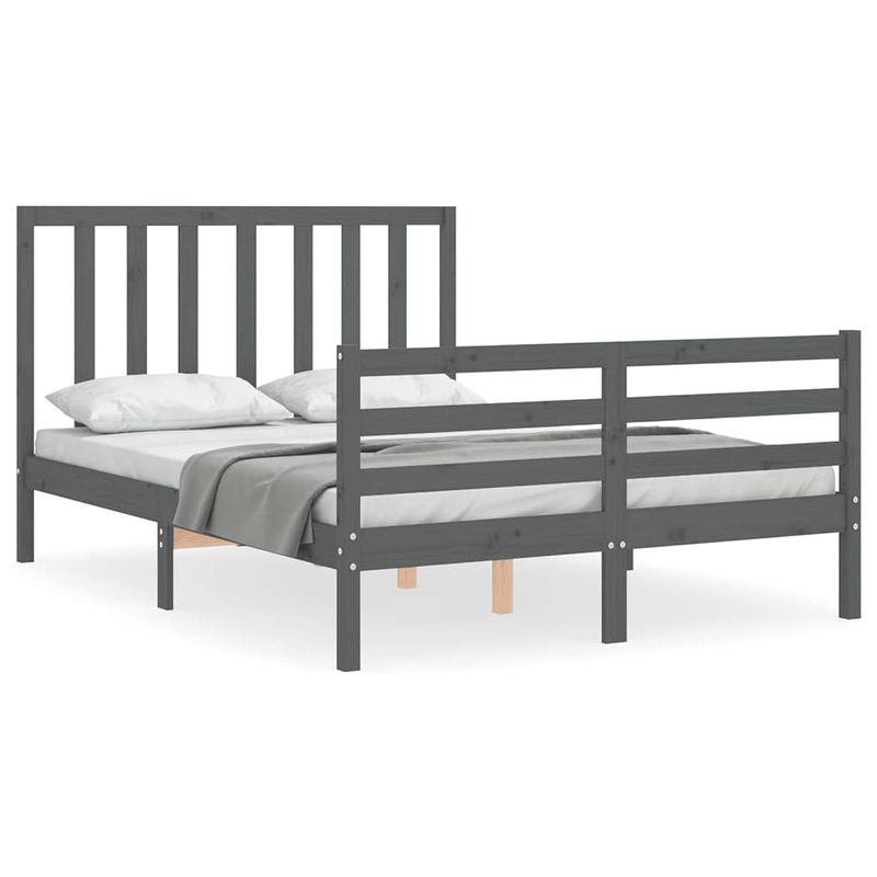 Foto van The living store bedframe - massief grenenhout - grijs - 205.5 x 145.5 x 100 cm - multiplex lattenbodem