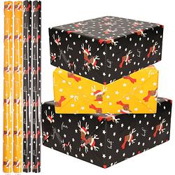 Foto van Set van 4x rollen kerst inpakpapier/cadeaupapier oker geel/zwart rendieren 2,5 x 0,7 meter - cadeaupapier