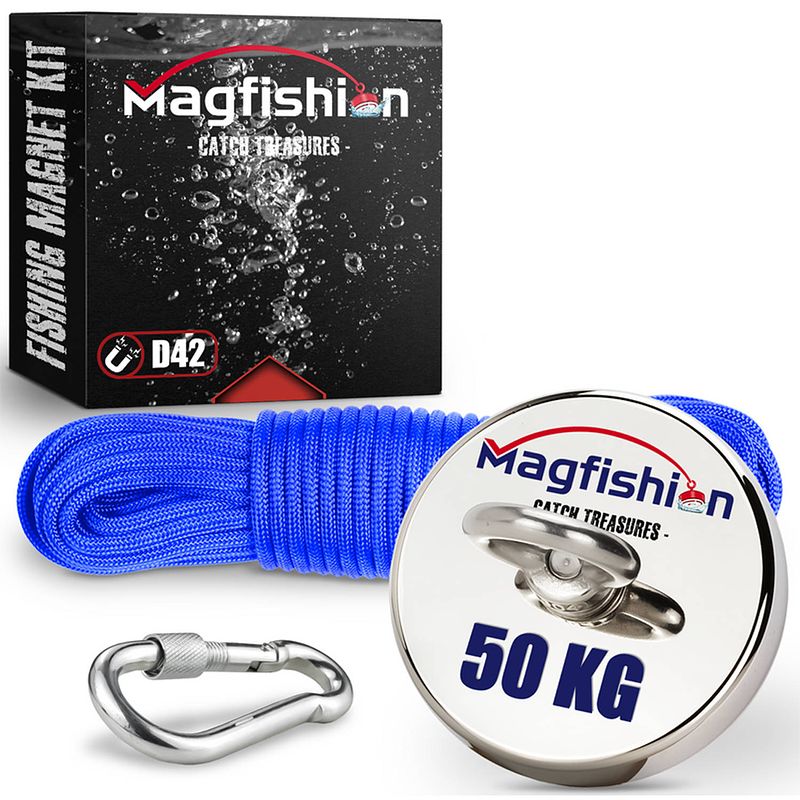 Foto van Magfishion magneetvissen - 50 kg trekkracht - mini vismagneet - 10 meter lang touw + karabijnhaak met schroefsluiting -