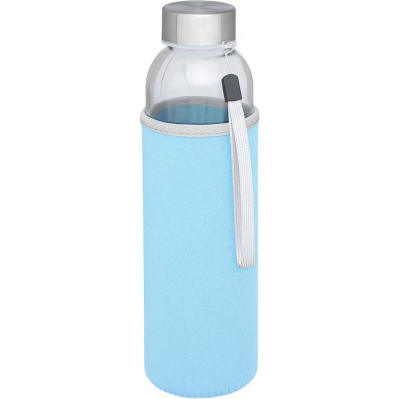 Foto van Glazen waterfles/drinkfles met lichtblauwe softshell bescherm hoes 500 ml - drinkflessen