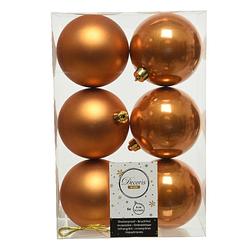 Foto van 6x stuks kunststof kerstballen cognac bruin (amber) 8 cm glans/mat - kerstbal