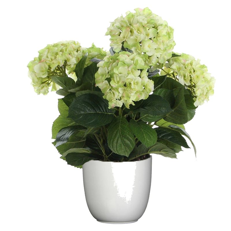 Foto van Hortensia kunstplant/kunstbloemen 45 cm - groen - in pot wit - kunstplanten