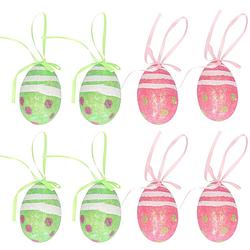 Foto van Decoratie paaseieren hangend - 12x stuks - groen/roze - piepschuim - 6 cm - feestdecoratievoorwerp