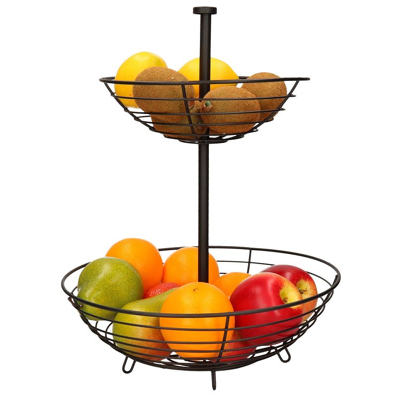 Foto van Metalen fruitmand/fruitschaal etagere 2 lagen zwart rond 30 x 40 cm - fruitschalen