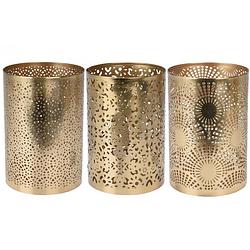 Foto van Set van 3x metalen theelichthouders/windlichtjes goud d10 x h15 cm - windlichten