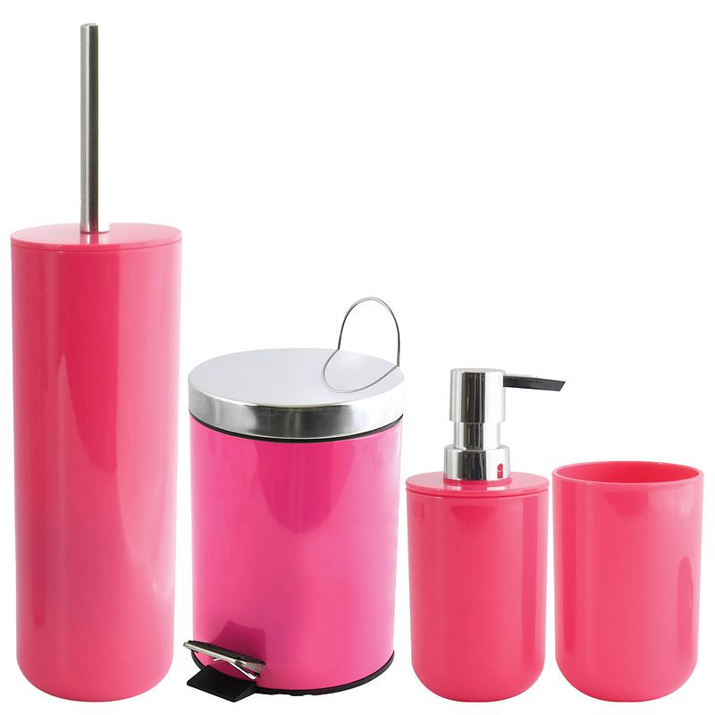 Foto van Msv toiletborstel in houder/beker/zeeppompje/pedaalemmer set moods - kunststof - fuchsia roze - badkameraccessoireset