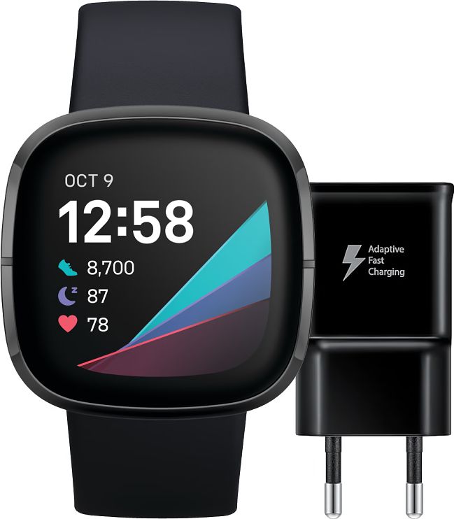 Foto van Fitbit sense grijs + samsung adaptive fast charging oplader 15w zwart