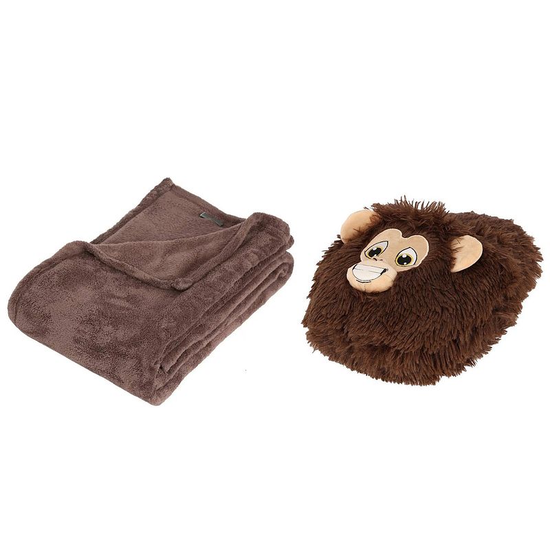 Foto van Fleece deken donkerbruin 125 x 150 cm met voetenwarmer slof aapje one size - voetenwarmers