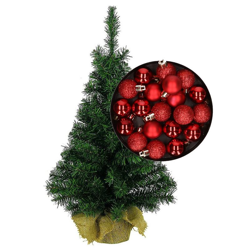 Foto van Mini kerstboom/kunst kerstboom h35 cm inclusief kerstballen rood - kunstkerstboom