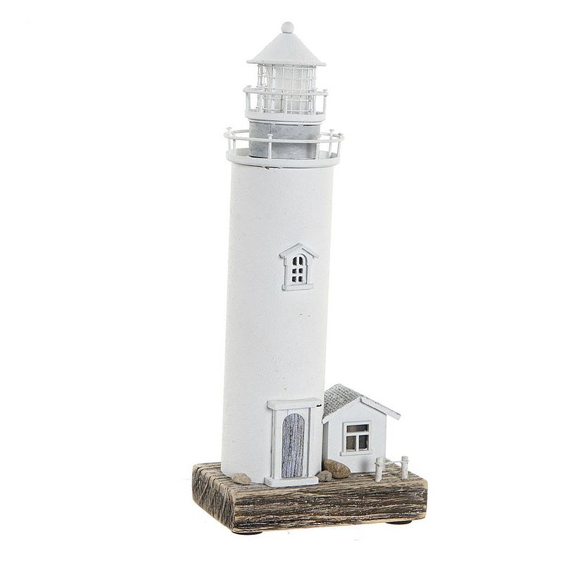 Foto van Maritieme decoraties beeldje vuurtoren - hout - 13 x 30 cm - wit - met led lampje - beeldjes