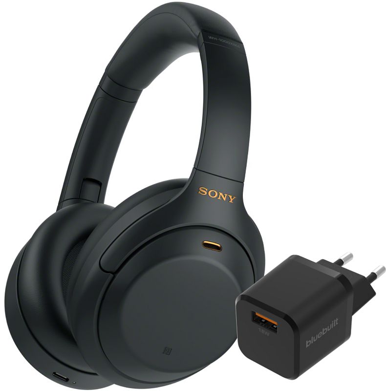 Foto van Sony wh-1000xm4 zwart + bluebuilt quick charge oplader met usb a poort 18w zwart