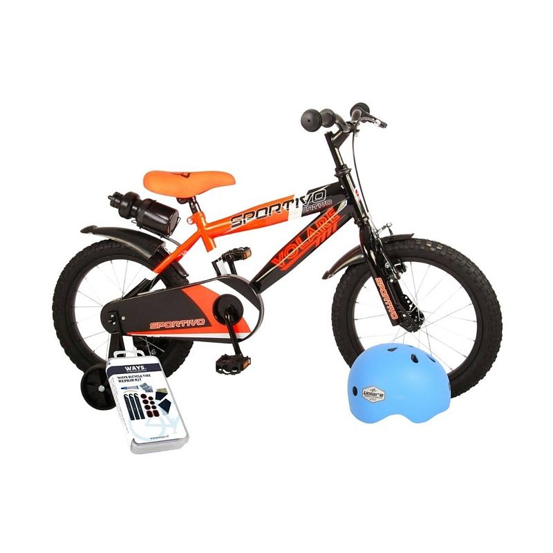 Foto van Volare kinderfiets sportivo - 16 inch - oranje/zwart - inclusief fietshelm & accessoires