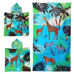 Foto van Set van bad cape/poncho met strand/badlaken voor kinderen savanne safari dierenprint microvezel - badcapes