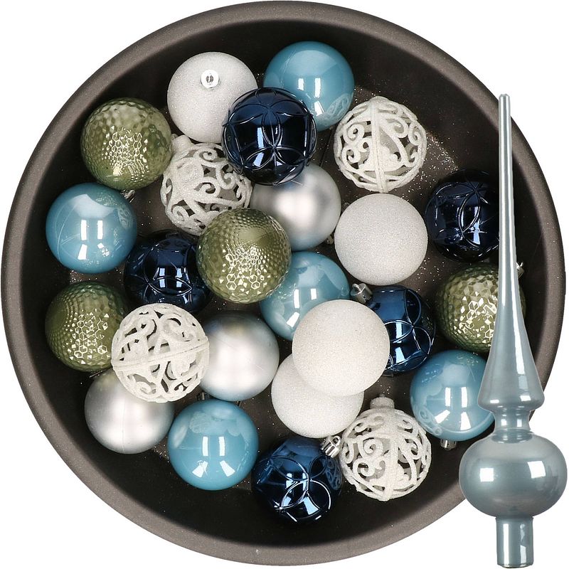 Foto van 37x stuks kunststof kerstballen 6 cm incl. glazen piek blauw-wit-zilver-groen - kerstbal