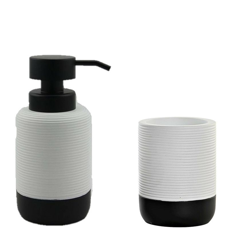 Foto van Badkamer accessoires setje drinkbeker en zeeppompje 17 cm wit/zwart - badkameraccessoireset