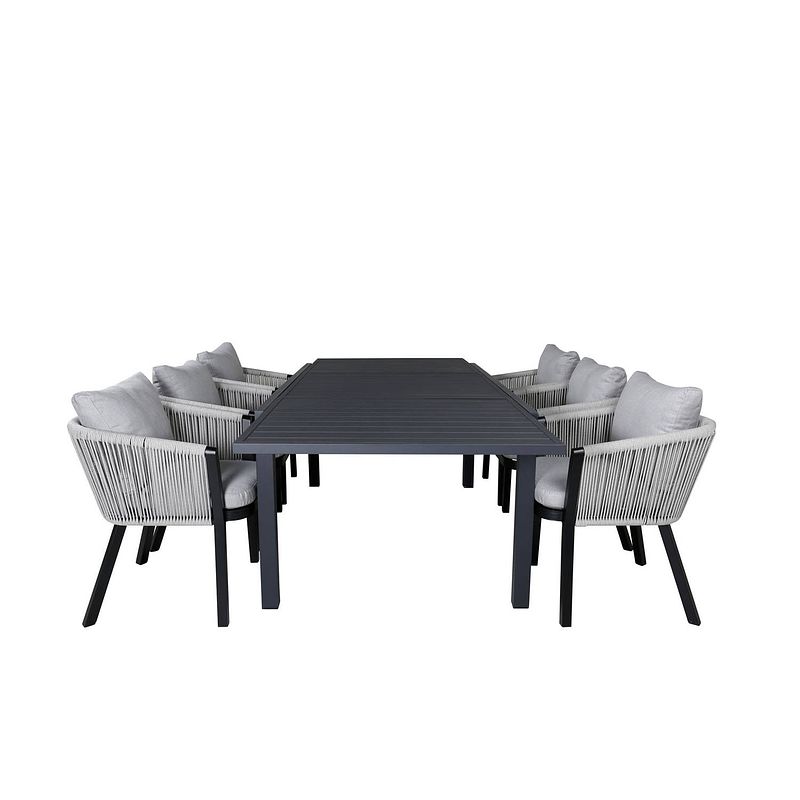 Foto van Marbella tuinmeubelset tafel 100x160/240cm en 6 stoel virya wit, zwart.