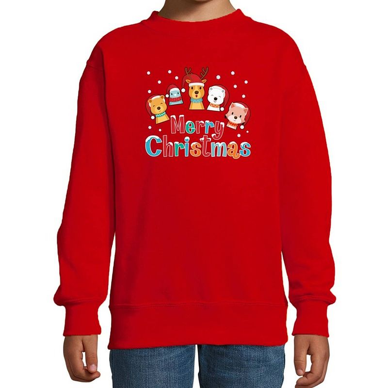 Foto van Rode kersttrui / kerstkleding dierenvriendjes merry christmas voor kinderen 3-4 jaar (98/104) - kerst truien kind