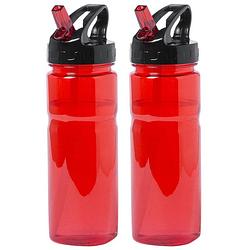 Foto van Kunststof waterfles/drinkfles/sportfles - 2x - rood - met drinktuit - 650 ml - drinkflessen