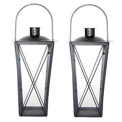 Foto van Set van 2x stuks zilveren tuin lantaarn/windlicht van ijzer 20 x 20 x 40 cm - lantaarns
