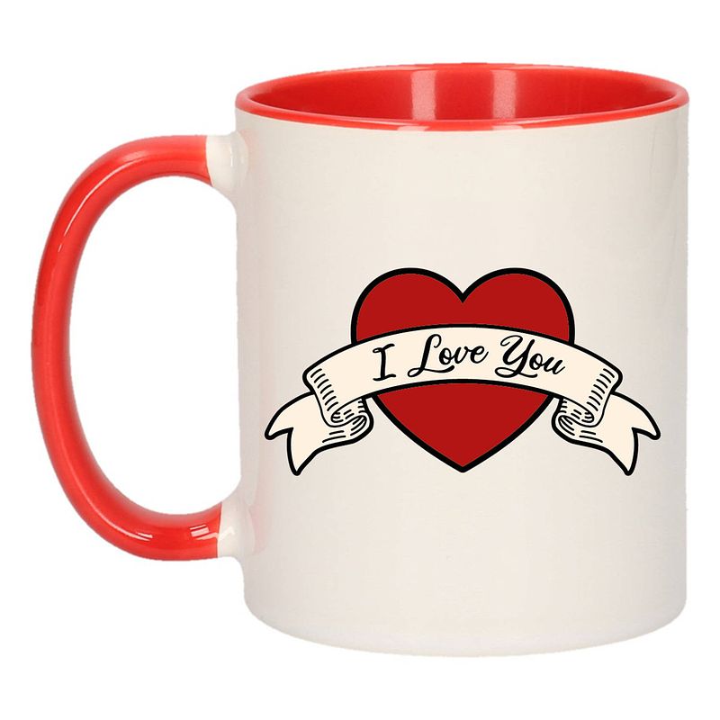 Foto van I love you cadeau mok / beker in de kleur wit / rood met hartje en banner 300 ml - feest mokken