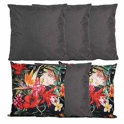 Foto van Bank/tuin kussens set - voor binnen/buiten - 6x stuks - antraciet/tropical print - 45 x 45 cm - sierkussens