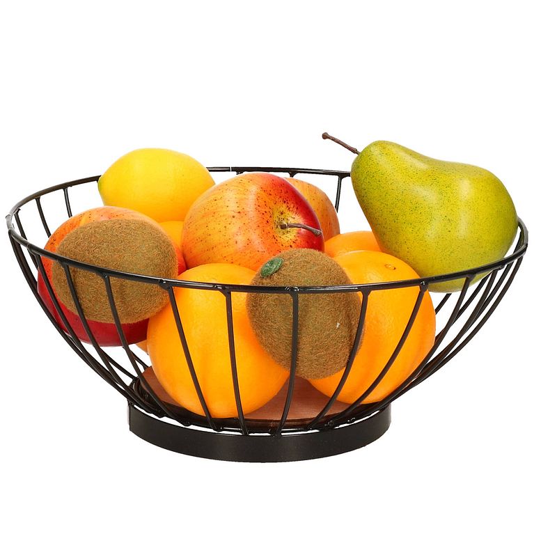 Foto van Metalen fruitmand/fruitschaal zwart rond 28 cm - fruitschalen