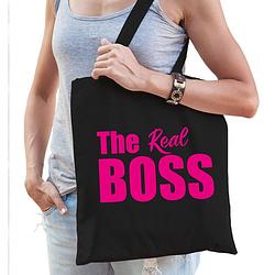 Foto van The real boss tas / shopper zwart katoen met roze tekst voor dames - feest boodschappentassen