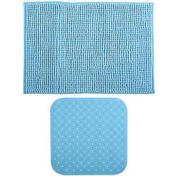 Foto van Msv douche anti-slip mat en droogloop mat - sevilla badkamer set - rubber/microvezel - lichtblauw - badmatjes