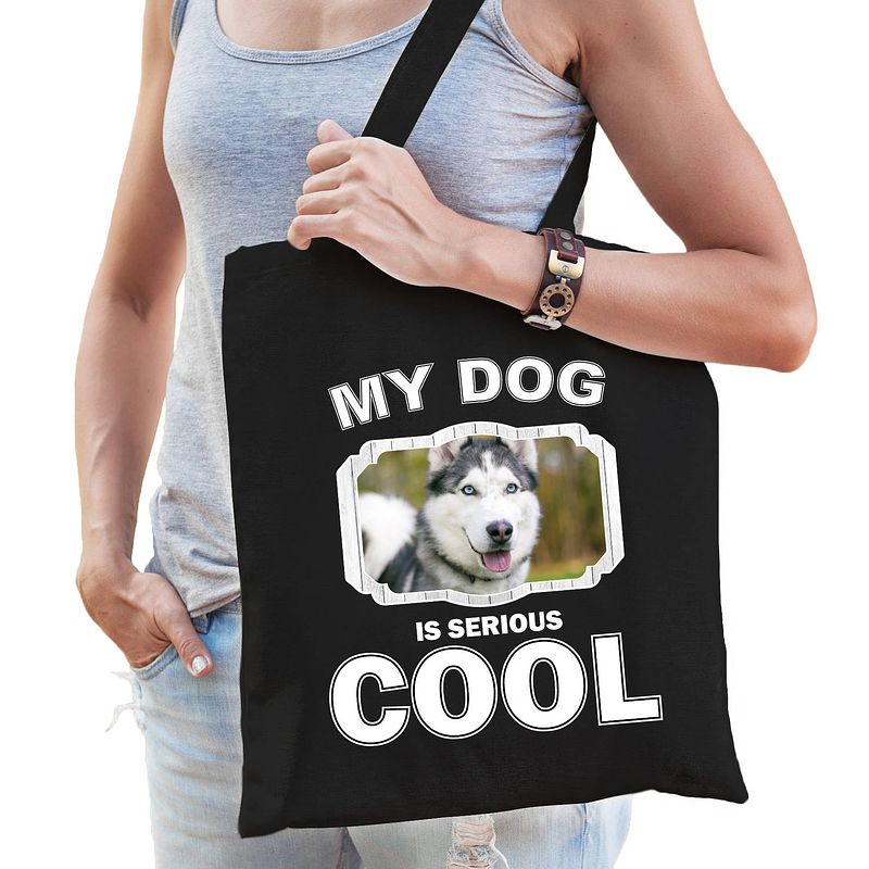 Foto van Katoenen tasje my dog is serious cool zwart - husky honden cadeau tas - feest boodschappentassen