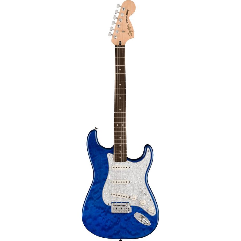 Foto van Squier fsr affinity series stratocaster qmt sapphire blue transparent elektrische gitaar