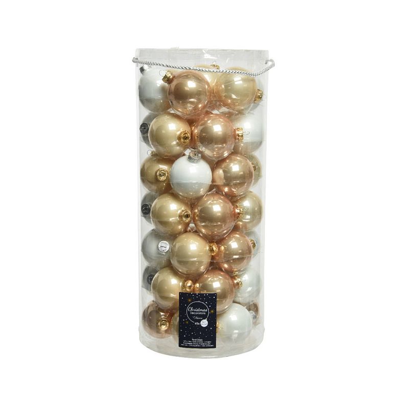 Foto van 49x stuks glazen kerstballen champagne/toffee bruin/wit 6 cm glans en mat - kerstbal