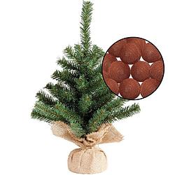 Foto van Mini kerstboompje groen - met lichtsnoer bollen terracotta bruin - h45 cm - kunstkerstboom