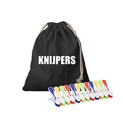 Foto van Canvas knijperzak/ opbergzakje knijpers zwart met koord 25 x 30 cm en 48 plastic wasknijpers - knijperszakken