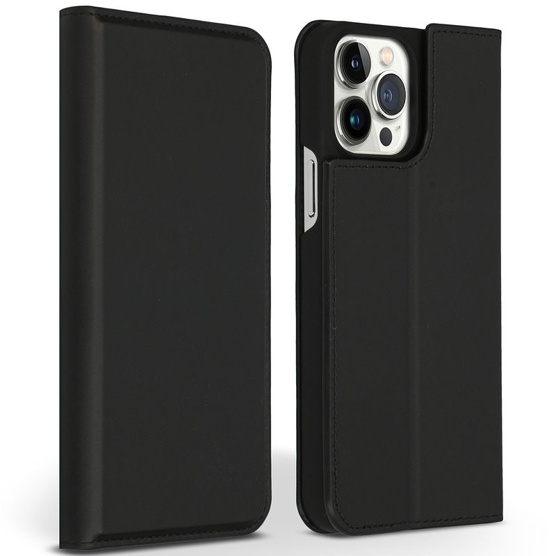 Foto van Accezz premium leather slim book case voor apple iphone 13 pro max telefoonhoesje zwart