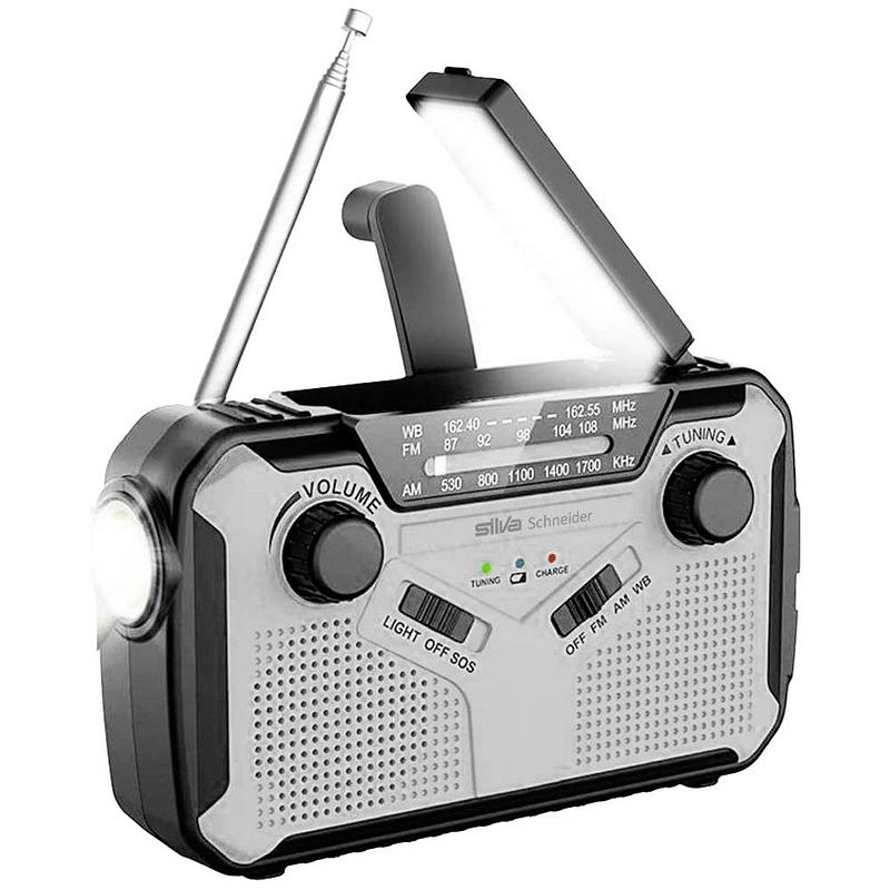 Foto van Silva schneider sos 112 outdoorradio vhf (fm), middengolf aux, middengolf, fm, usb accu laadfunctie, handslinger, zonnepaneel, zaklamp, oplaadbaar zwart/zilver