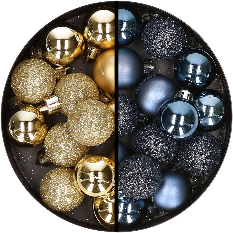 Foto van 34x stuks kunststof kerstballen goud en donkerblauw 3 cm - kerstbal