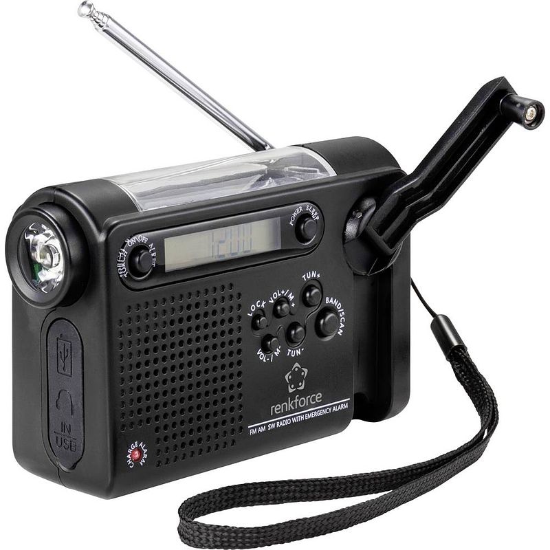 Foto van Renkforce rf-cr-200 transistorradio vhf (fm), am, korte golf oplaadbaar, zonnepaneel, handslinger, wekfunctie, zaklamp zwart