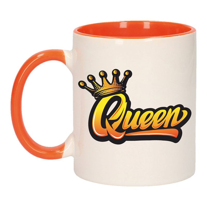 Foto van Koningsdag queen met kroon mok/ beker oranje wit 300 ml - feest mokken