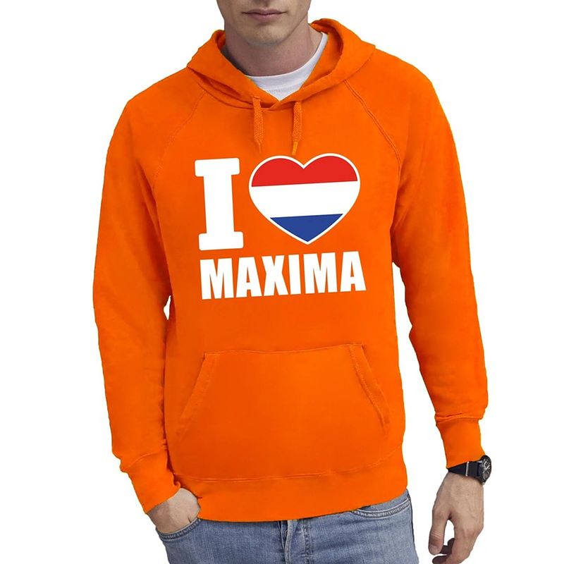 Foto van Oranje i love maxima hoodie / hooded sweater heren - oranje koningsdag/ supporter kleding s