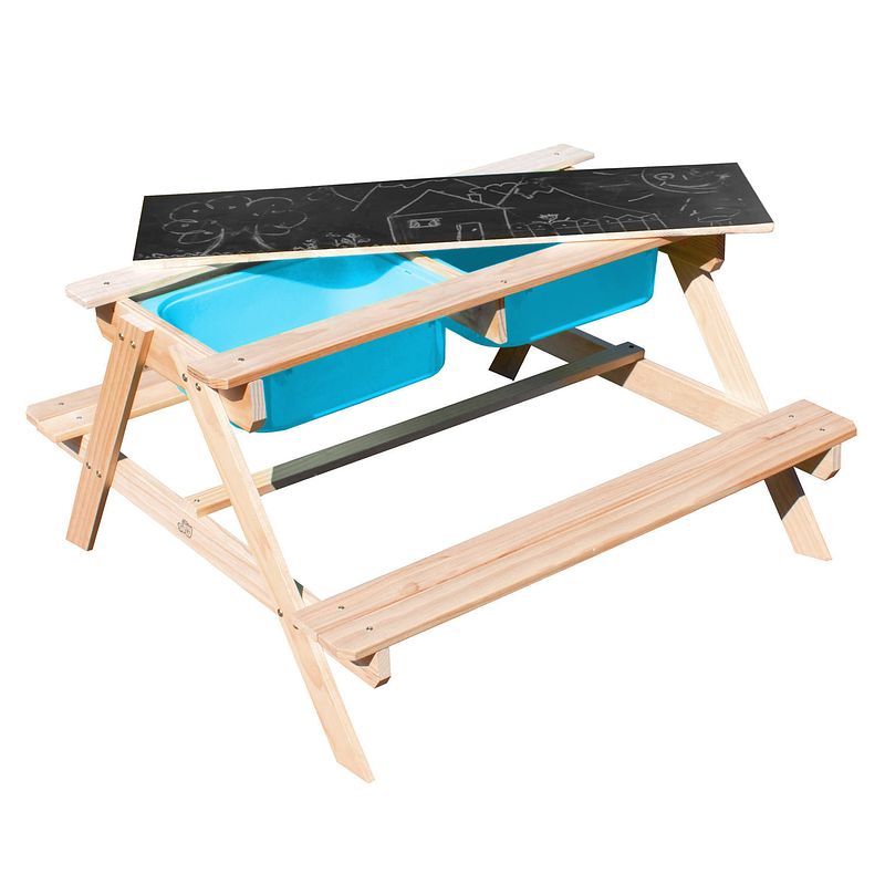Foto van Sunny dual top 2.0 kinder- en waterpicknicktafel van fsc-hout, waterspeeltafel en zandtafel met deksel en blauwe