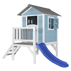 Foto van Axi speelhuis beach lodge xl blauw met blauwe glijbaan speelhuis op palen met veranda gemaakt van fsc hout