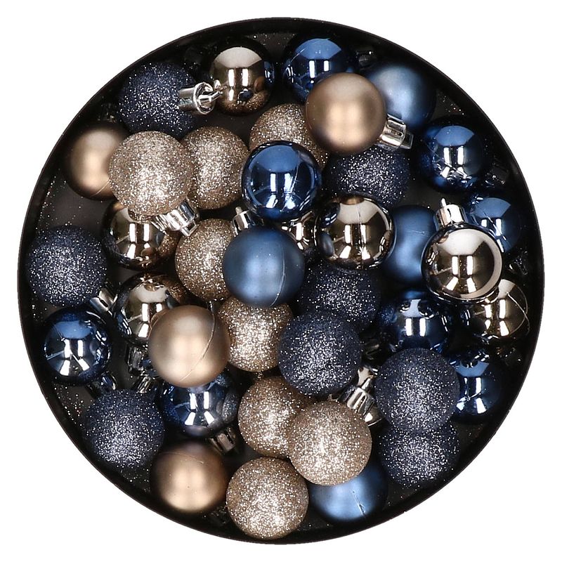 Foto van Set van 40x stuks kunststof kerstballen mix champagne en donkerblauw 3 cm - kerstbal