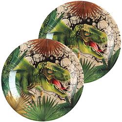 Foto van Santex feest wegwerpbordjes - dinosaurus - 20x stuks - 23 cm - bruin/groen - feestbordjes
